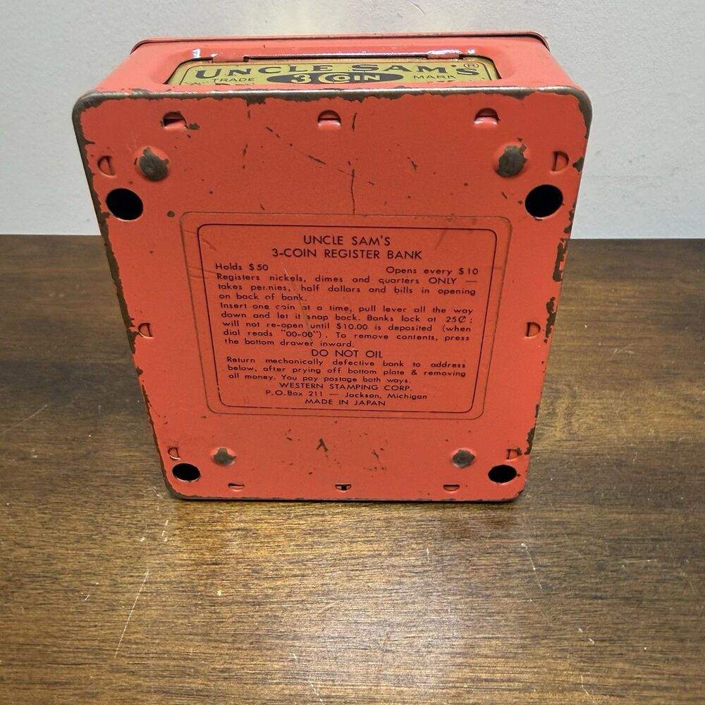 Vintage Uncle Sam’s 3 Coin Red Orange Metal Counting Register Bank - Works ! - Picture 6 of 11